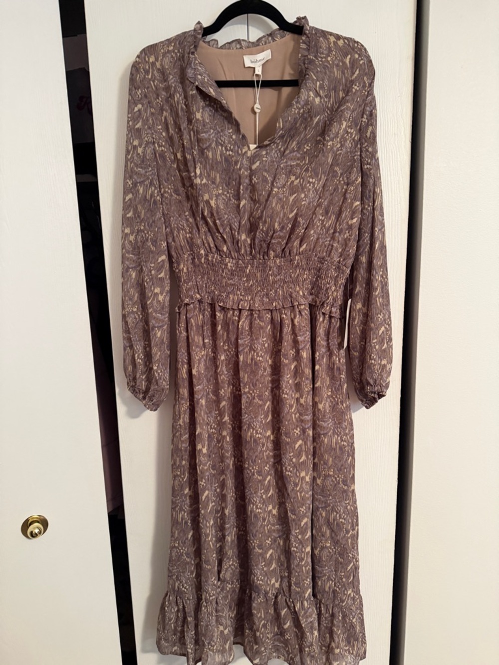 bohme Taupe Printed Long-Sleeve Smocked Midi Dress